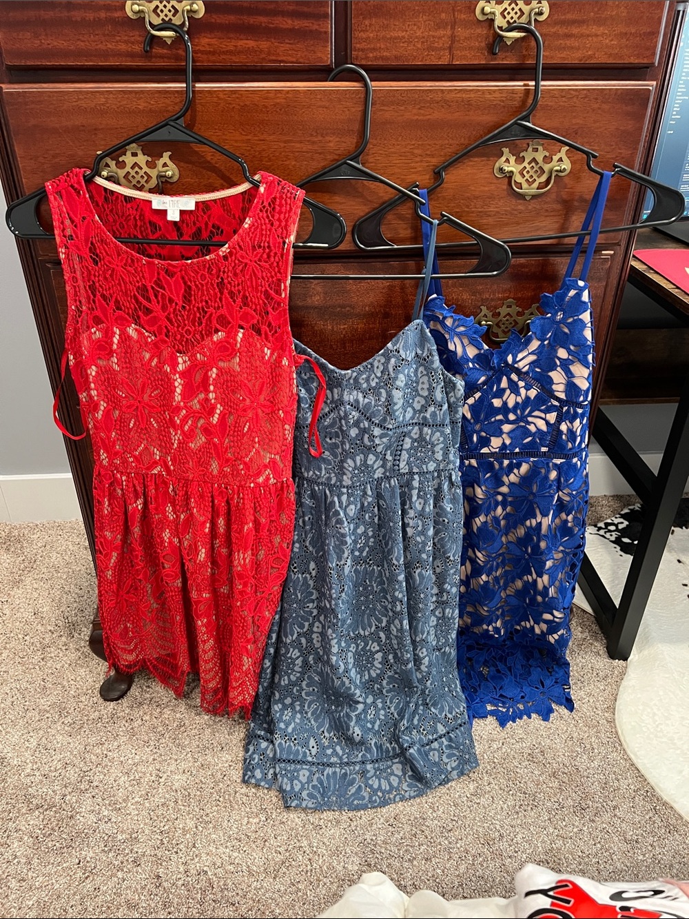 Trio of Lace Dresses - Red, Gray, Royal Blue. All 3 for $50